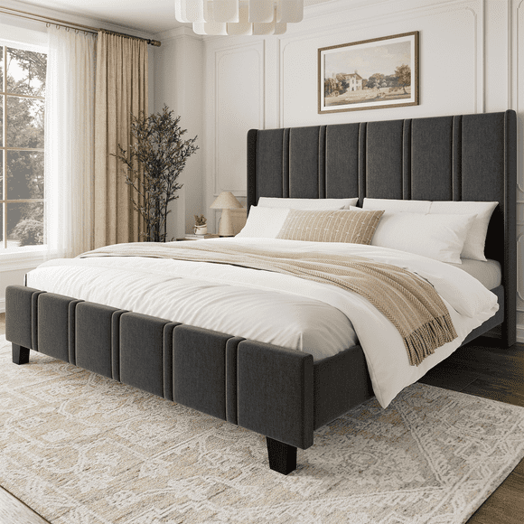 Cama Base Queen Cabecera Alta Acolchada Estructura De Madera