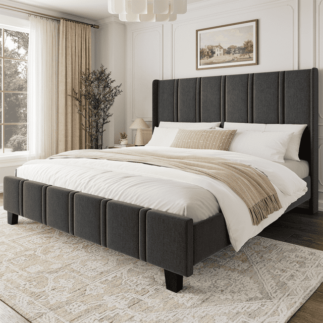 Cama Base Queen Cabecera Alta Acolchada Estructura De Madera