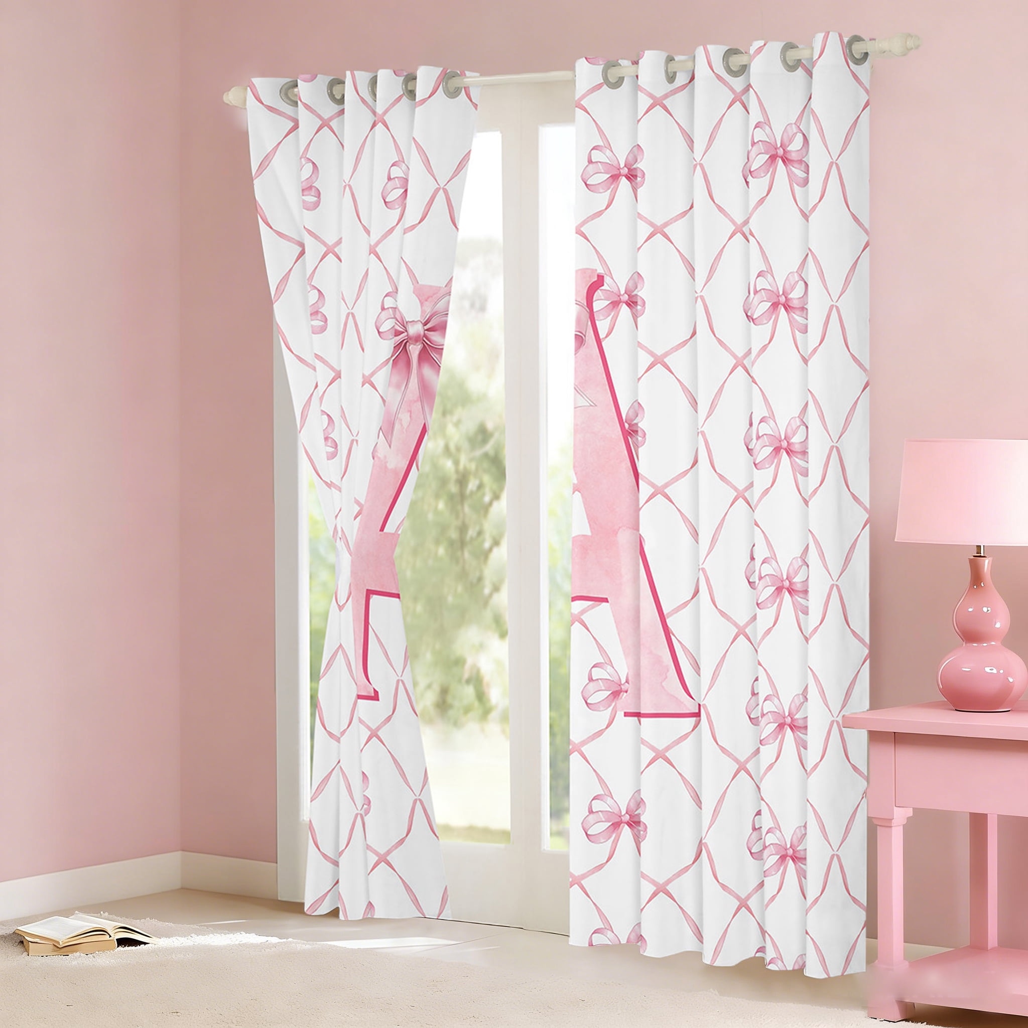 Manfei Monogrammed A Curtains and Drapes (42x84),Ribbon Bowknot Blackout Curtains for Bedroom,Pink White Curtains Pack of 2 (42x84),Microfiber Room Decorative
