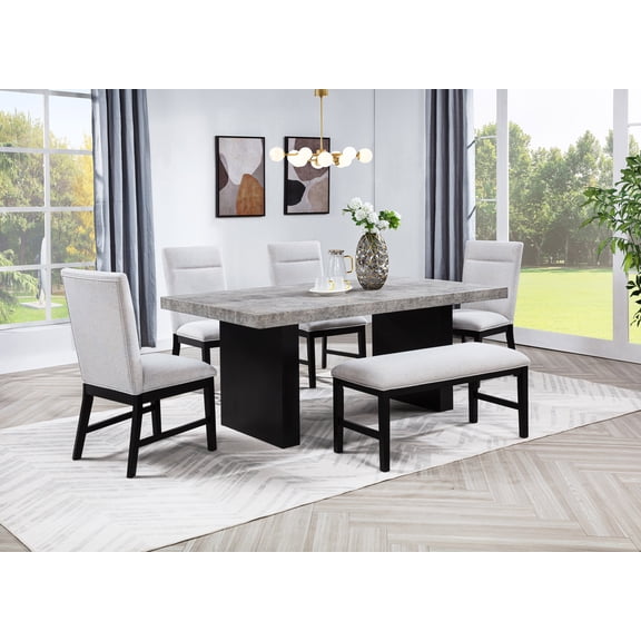 6pc Dining Set Weathered Gray Finish Rectangular Table Upholstered Chairs Bench