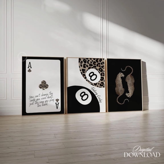 Set Of 3 Trendy Cheetah Prints Black Leopard Cheetah Black 8 Ball Feeling Lucky Trendy Gallery Set Preppy Chic Prints #7, Modern Wall Decor Set 3 Prints, Poster Only