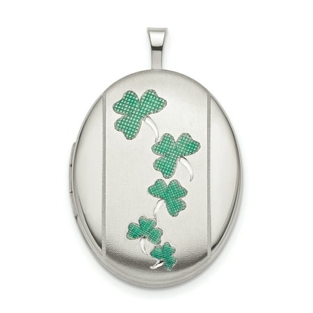 - 925 Sterling Silver 20mm Green Enamel Clover Oval Photo Pendant Charm Locket Chain Necklace That Holds Pictures For Women