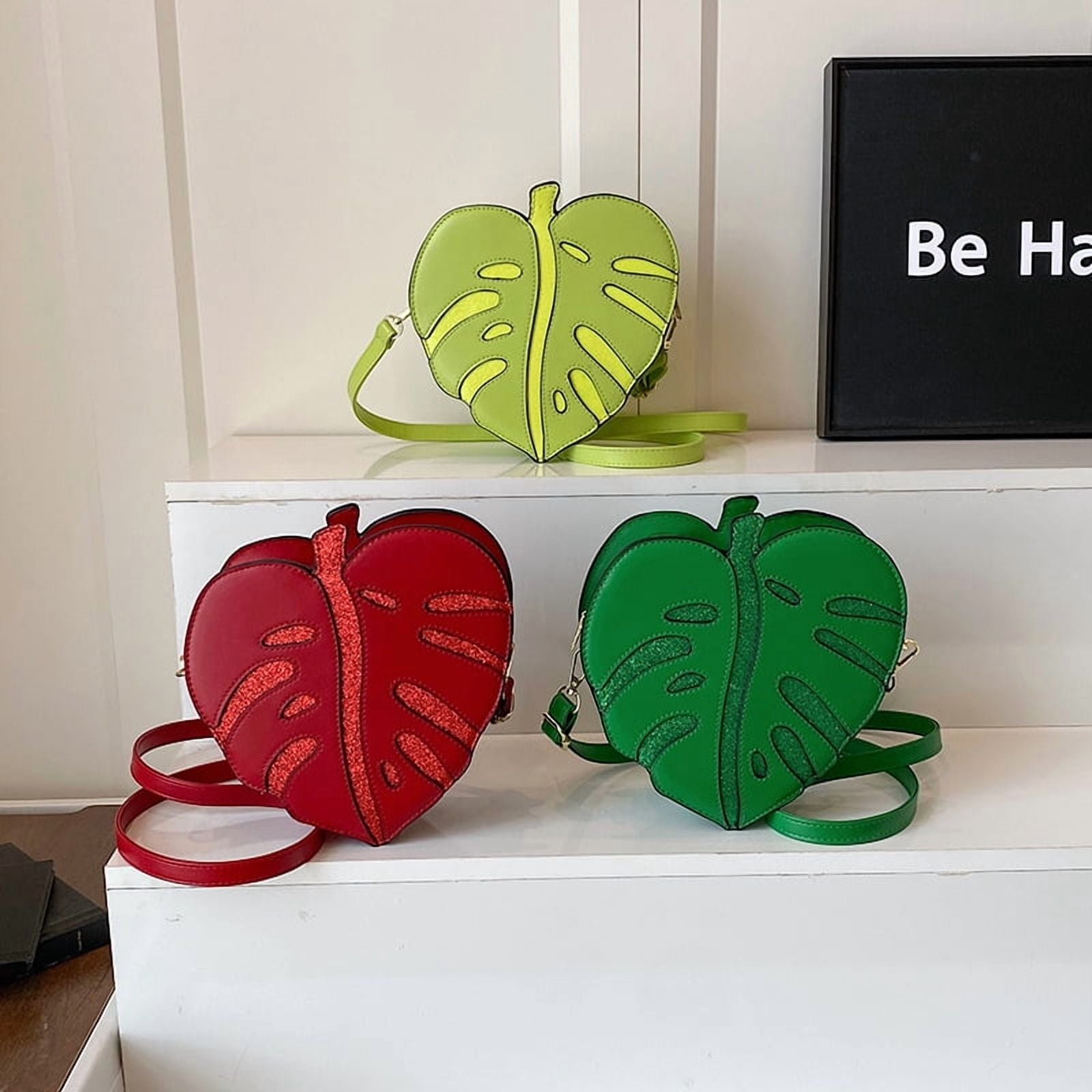 Baguery Monstera Leaf Crossbody Bag - PU Leather Japanese Cartoon Plant Clutch Purse, Adjustable Strap (Red/Green/Light Green)​