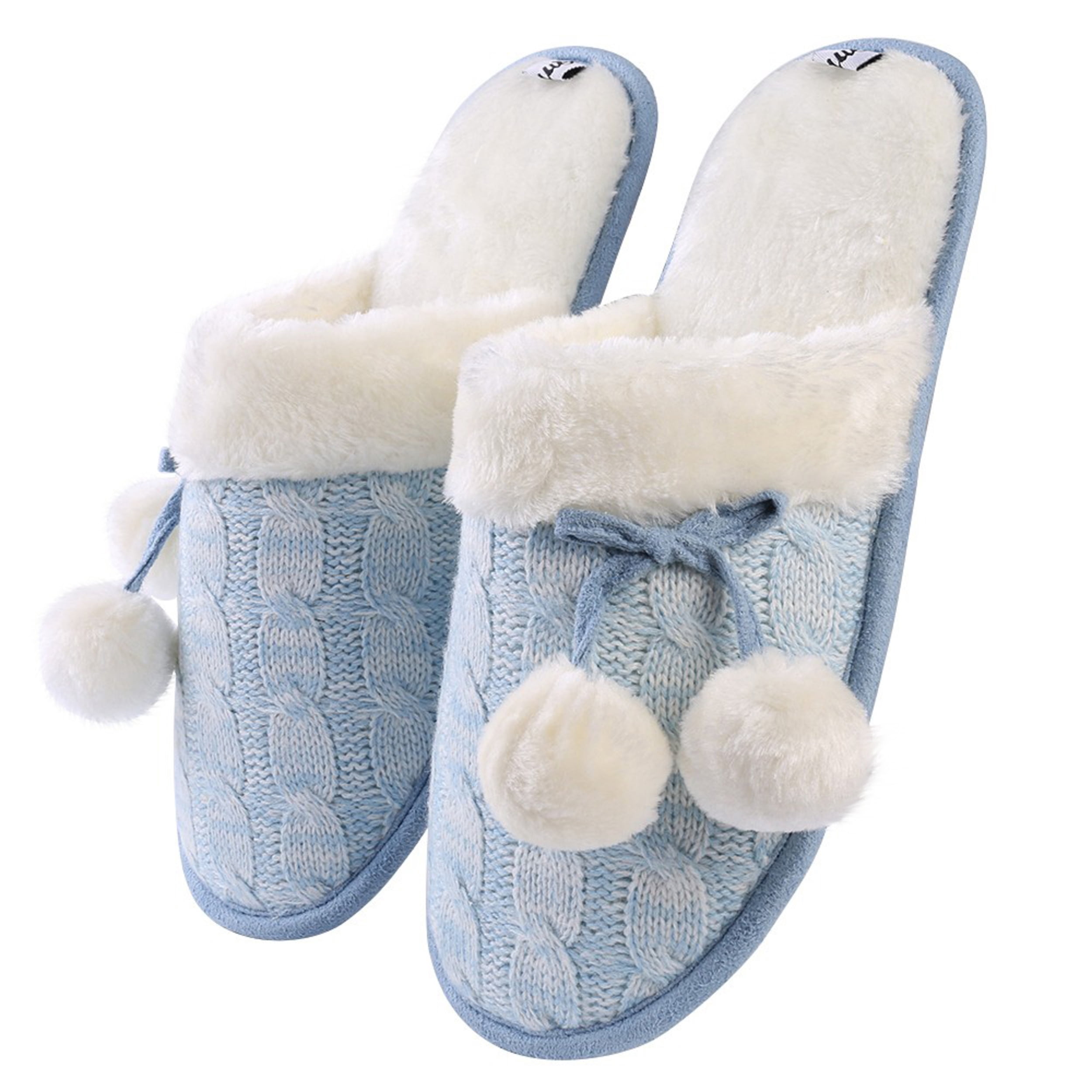 Women's Warm And Soft Pom-Pom Soft Plush Slippers with No-Slip Rubber Sole For Indoor, Outdoor, Spa Use (Blue)