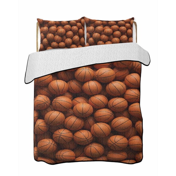 Quilts Queen Size Bedding Set, Basketball Lightweight Quilted Comforter, Modern Chic Classic Sports Balls Textured Soft Reversible Bedspread Coverlet with Pillow Covers for All Season, 90" x 96"