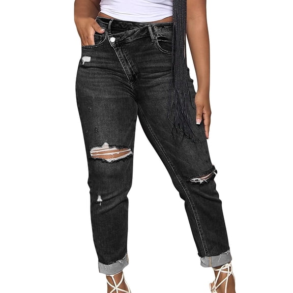 Ahdbta Women's Ripped Jeans Asymmetrical High Waisted Skinny Denim Pants Distressed Washed Stretchy Lounge Jeans with Pockets