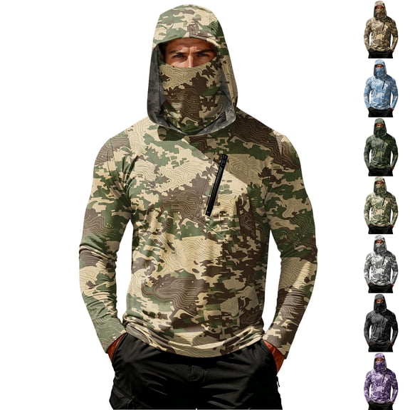 Men's Casual Camouflage Print Hooded Long Sleeve Sun Protection Jacket Lightweight Pullover Outdoor Top with Zipper Pocket