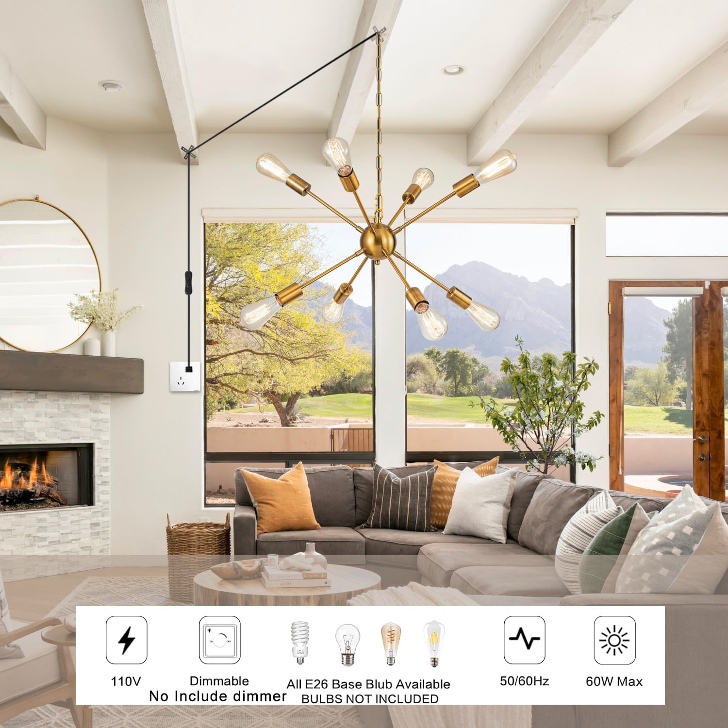 Senhu Plug-in Sputnik Chandeliers Gold, 8 Lights Modern Sputnik Lighting Fixture with Adjustable Height for Dining Room, Living Room, Kitchen, Bedroom and Hallway