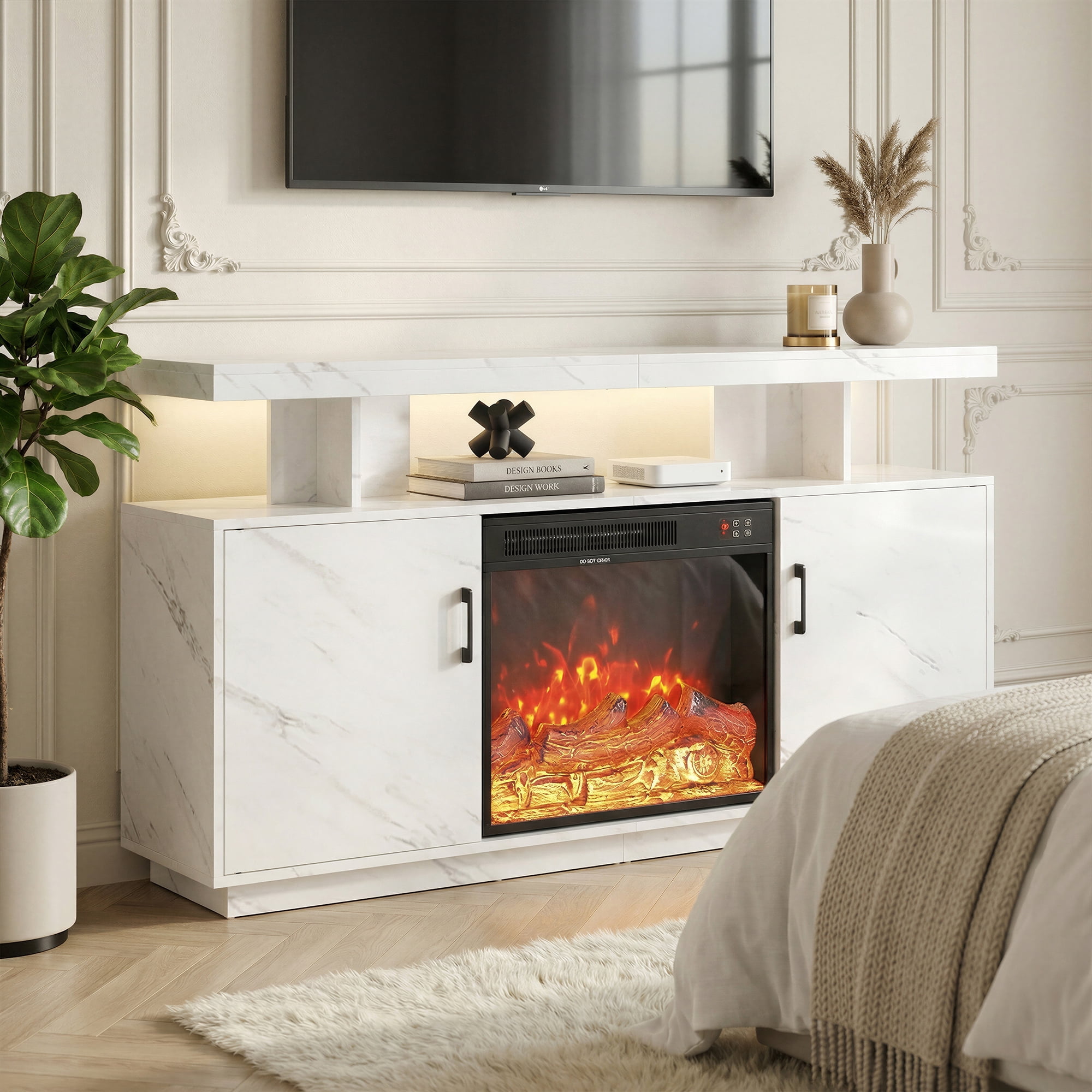 Manxile Fireplace TV Stand with 22.5" Electric Fireplace Up to 70" TVs, Modern Wood Media TV Console with Cabinet, White