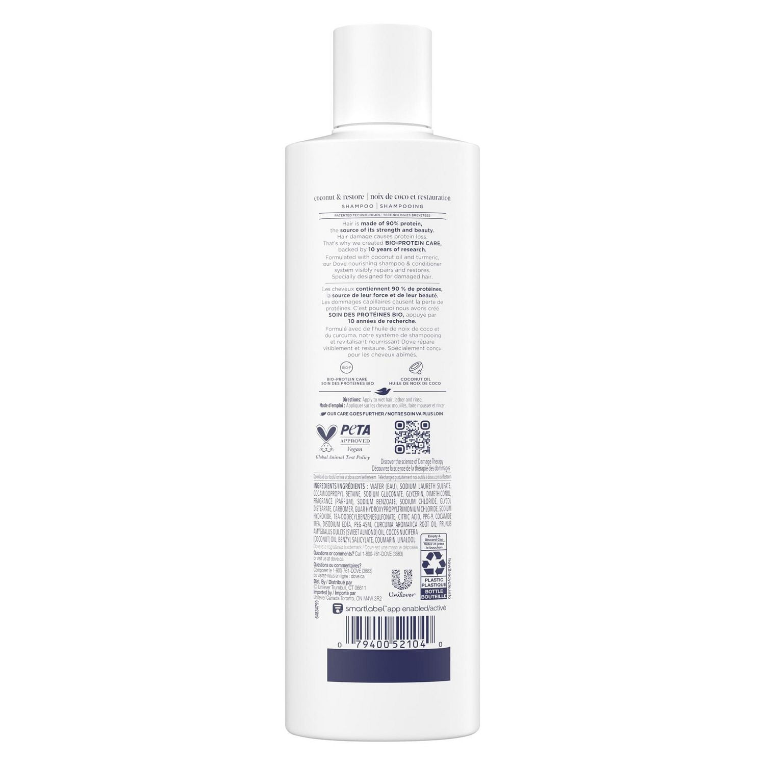Shampoing pour Cheveux Abîmés, Dove Huile de Coco & Restauration avec Soin Bio-Protéine Liquide, 355mL 355 ML