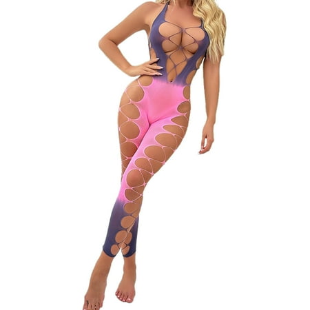 Gunia Women Lingerie Wedding Silk Stockings Jacquard Mesh Stockings Hanging Neck Lace Backless Underwear for Party Date Night