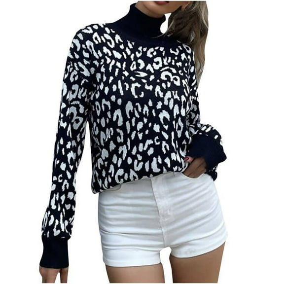AOOCHASLIY 2023 Womens Sweater Women's Fashion Casual High Neck Turtleneck Black Leopard Sweater Long Sleeve Pullover Loose Sweater