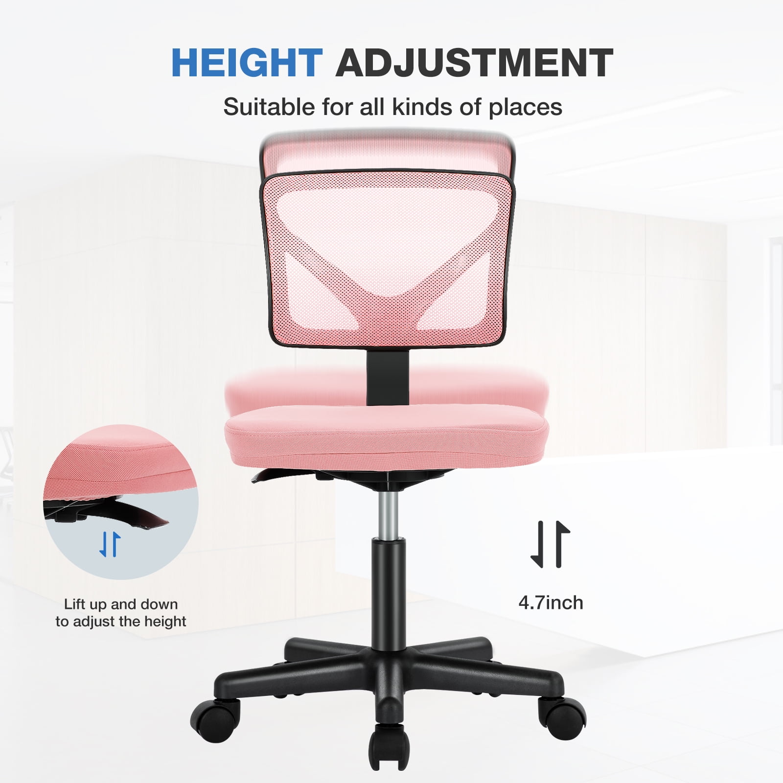 JOINSUN Armless Home Office Desk Chair for Small Space, Adjustable Height, Swivel Rolling Mesh Computer Chair, Pink