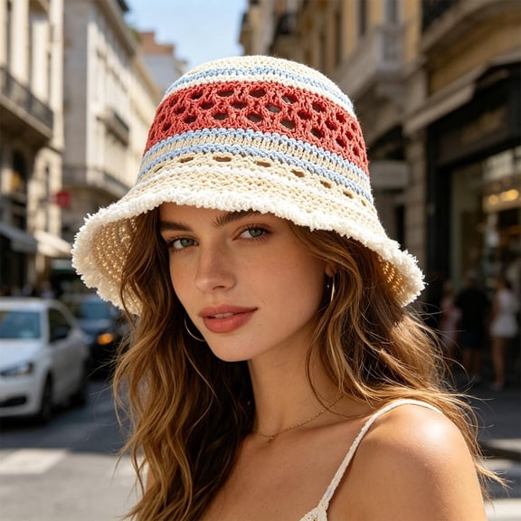 Crochet Bucket Hat for Women Summer, Wide Brim Sun Hat with Breathable Knit, Foldable Beach Hat for Travel Vacation