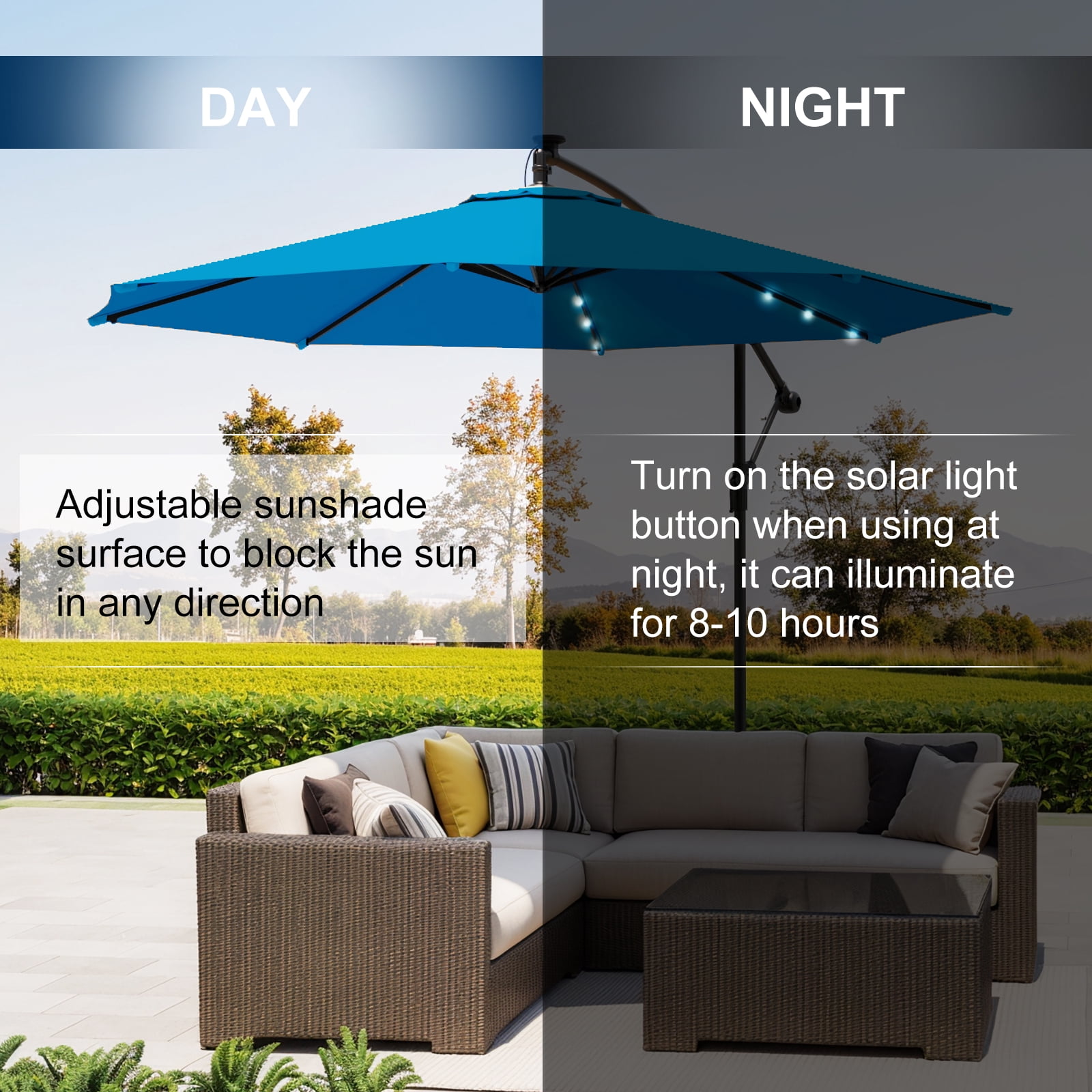 EROMMY 10FT 40 LED Solar Lighted Patio Umbrella,Outdoor Offset Cantilever Umbrella, Infinite Tilt, Crank and Cross Base, UV Protection for Backyard, Lawn, Garden & Pool