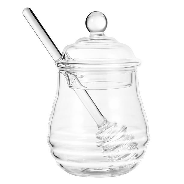 BESTONZON Tarro de miel de 250 ml con cucharón y tapa, recipiente de vidrio transparente para miel, ideal para la cocina del hogar.