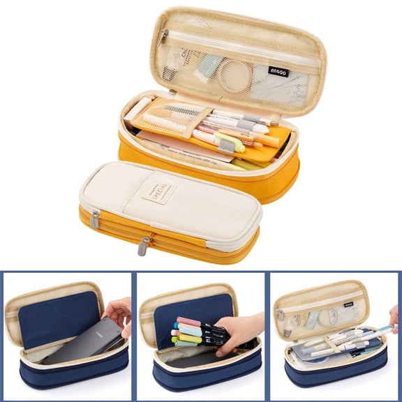 Large Capacity Pencil Case Pencil Bag Lightweight Fabric Pen Pouch With Mesh Pocket Portable Stationery Holder for School Office College Travel Makeup Small Item Storage,Ginger