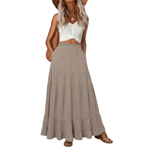 SOMER Skirts for Women Elastic High Waist  Maxi Skirt A-line Flowy Pleated Dressy Casual Beach Vacation Long Skirts with Pockets Brown