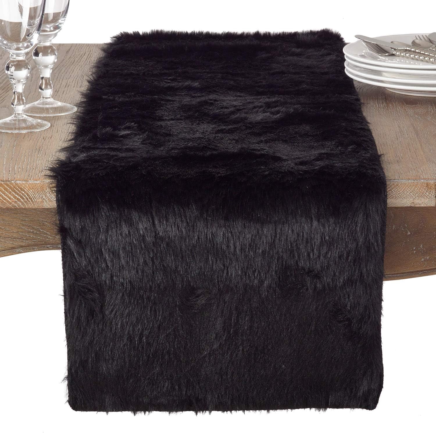 Fennco Styles Juneau Black Faux Fur Table Runner 15"W X 54"L - Solid Color Soft Plush Table Cover for Home, Dining Room, Banquets, Holiday and Special Occasion