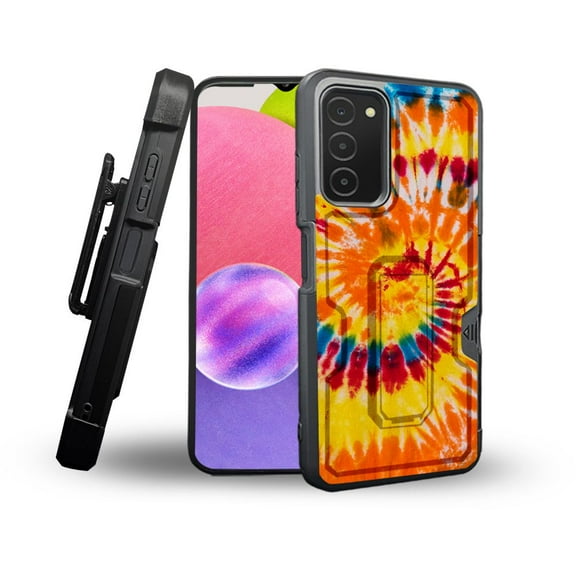 ANJ  Rugged Shockproof Holster Case Card Slot Kickstand   Tempered Glass Cover for Samsung Galaxy A03s - Tie Dye Swirl