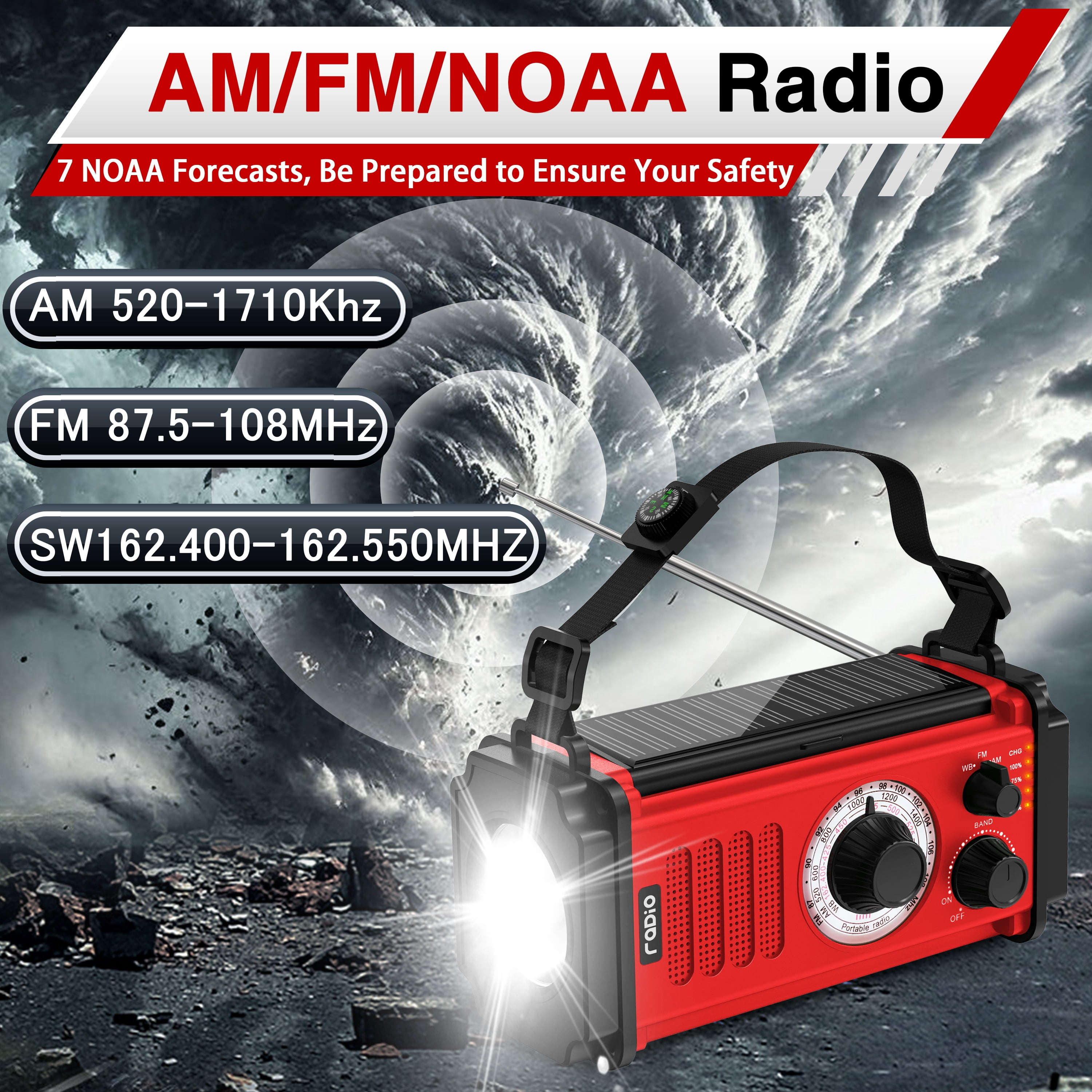 37000mWh Emergency Radio, Hand Crank Solar Radio, NOAA Weather Radio with Rechargeable Battery Powered, Portable AM FM with SOS Alarm, USB Charger,  Flashlight and Reading Lamp for Outdoor Hurricane