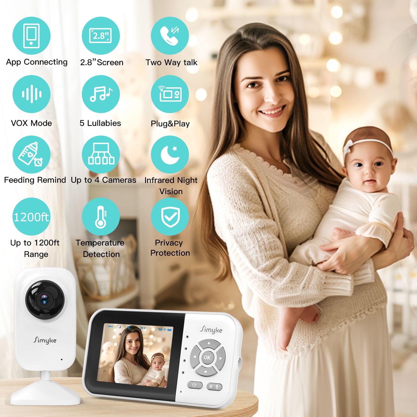 Simyke WiFi Video Baby Monitor, 2.8" LCD & App Viewing, 2-Way Audio, Night Vision, VOX, 5 Lullabies, Supports 4 Cameras, 1200ft Range, Home Use