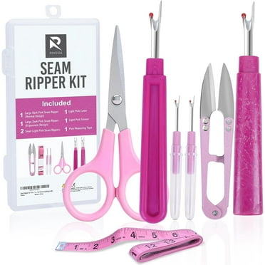 Plastic Seam Ripper Fabric Ripper Kit 7 Pcs - 1 Large, 1 Ergonomic, 2 Small Seam Rippers, Thread Cutter, Scissor, Measuring Tape - Sewing Accessories for Notions Quilting Crafts