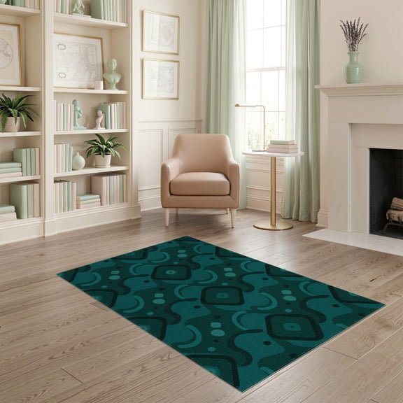 ODIKA 4'x6' Teal Green Geometric Diamond Medallion Washable Area Rug Abstract Curved Motifs with Scattered Dots for Bedroom, Reading Nook, Pet Friendly & Non-Shedding