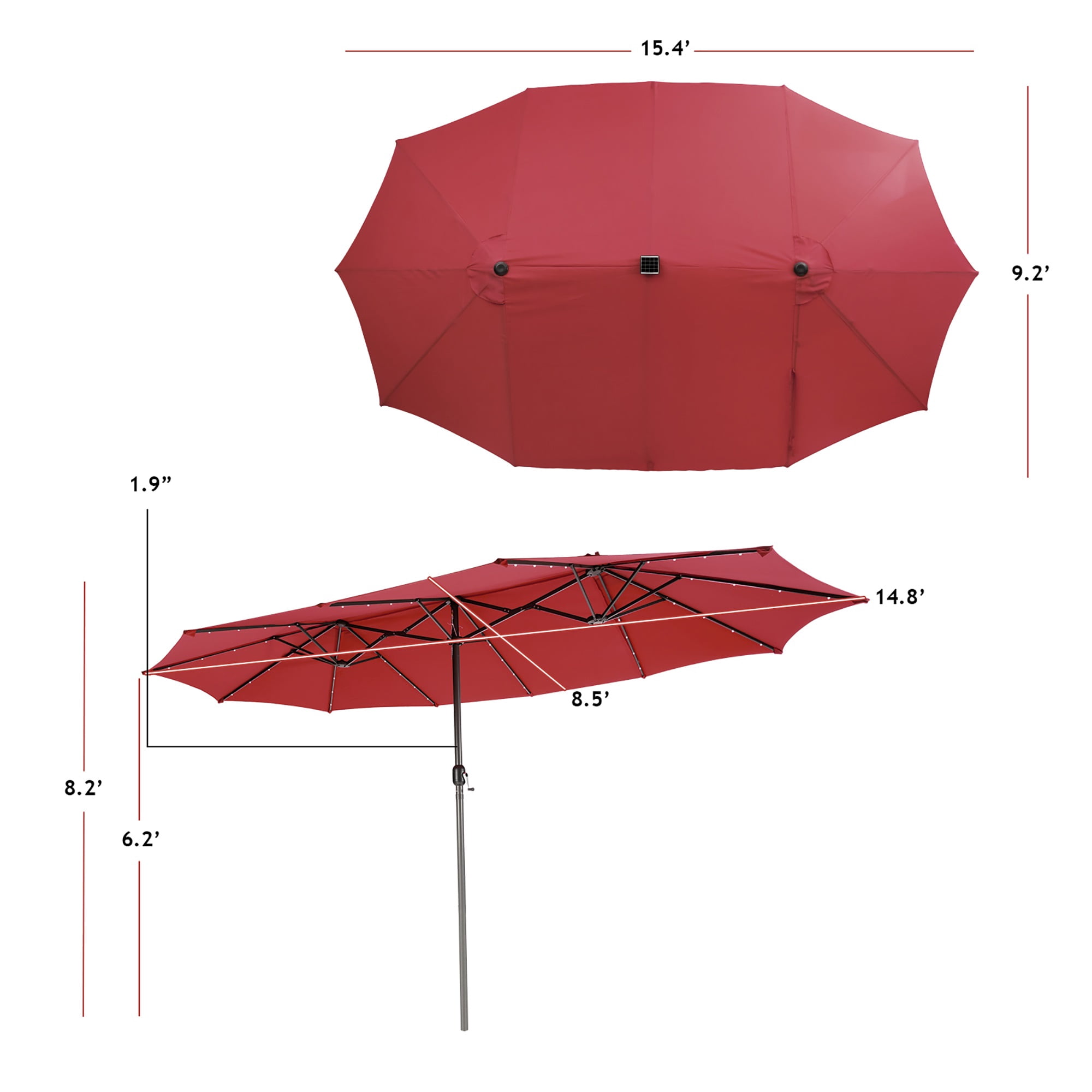 Gymax 15Ft Solar LED Patio Outdoor Double-Sided Umbrella w/ 48 Lights Crank Burgundy