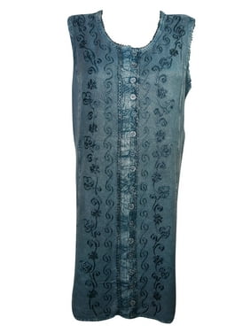 Mogul Womens Sundress Blue Embroidered Stonewashed Button Front Sleeveless Tank Dresses
