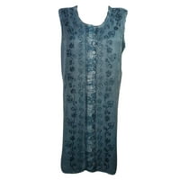 Mogul Womens Sundress Blue Embroidered Stonewashed Button Front Sleeveless Tank Dresses