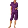 thumbnail image 2 of INSPIRE CHIC Women's Satin Pajamas Sets Short Sleeve Button Tops with Capri Pants 2 Pcs Loungewear S Purple, 2 of 6