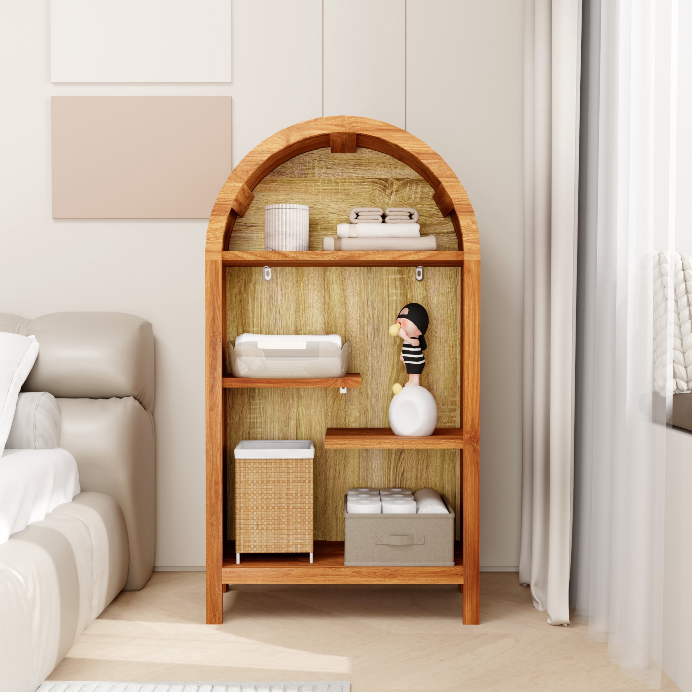 Noble House 4-Tier Arched Top Display Cabinet, Freestanding Accent Display Rack, Walnut