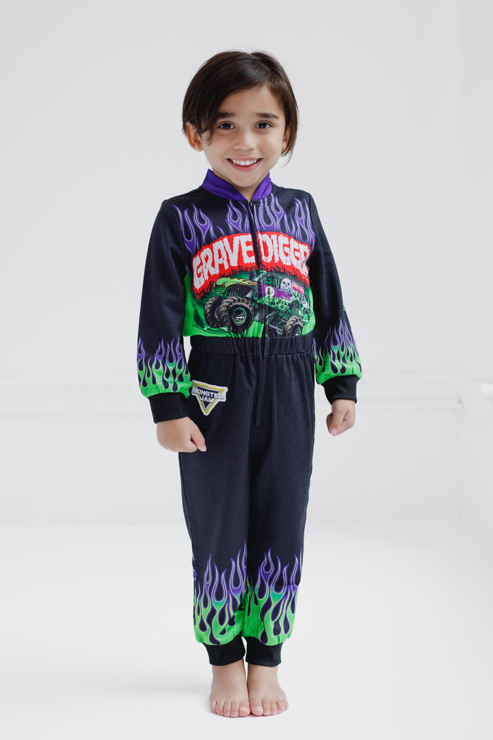 Monster Jam Toddler Boys' Zip-Up Coverall Black Grave Digger