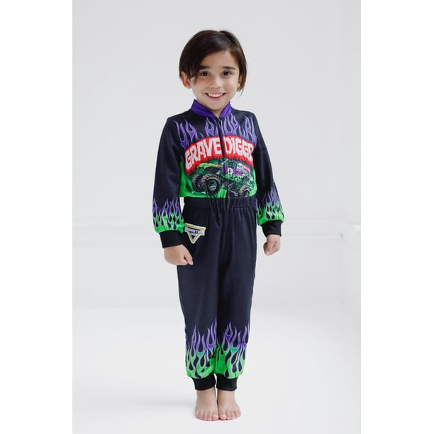 Monster Jam Toddler Boys' Zip-Up Coverall Black Grave Digger