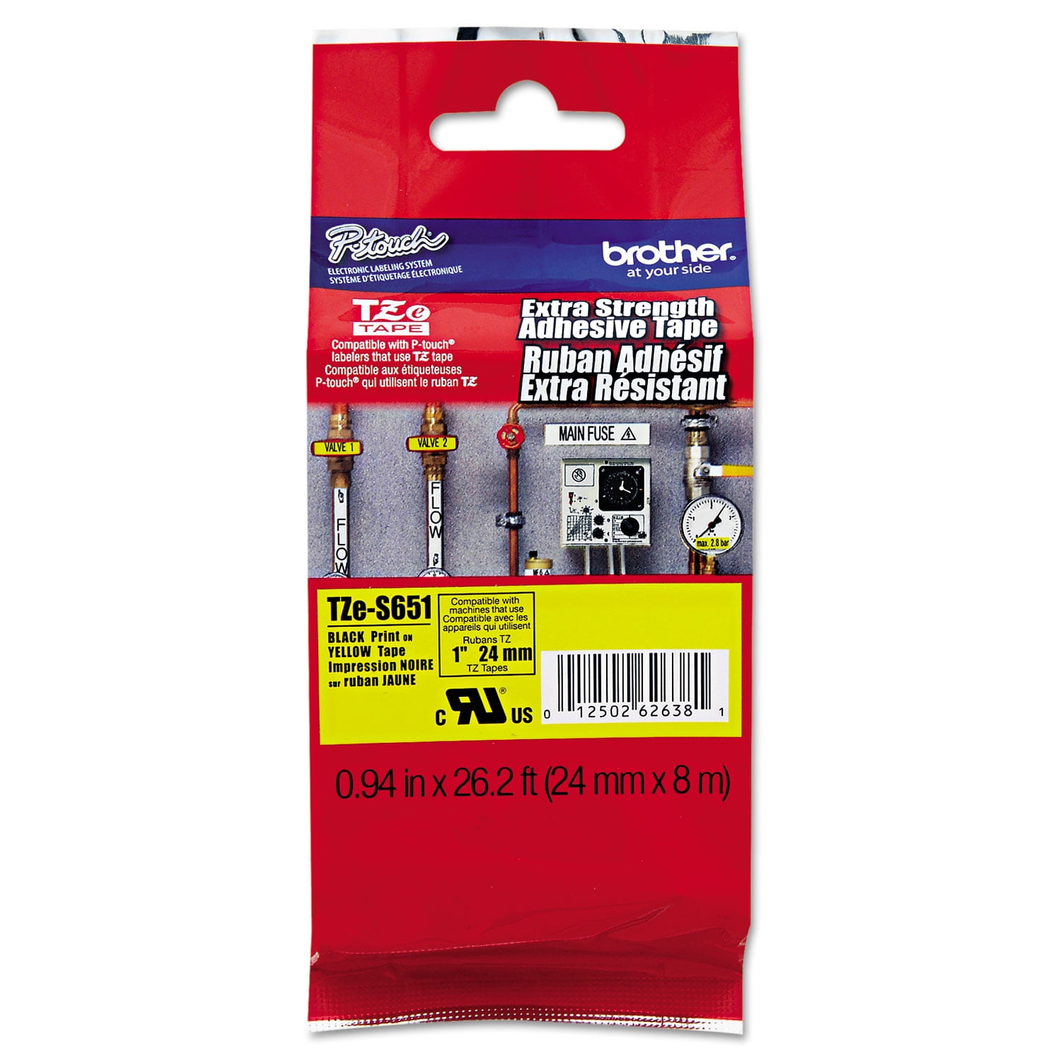 Brother Genuine P-touch TZE-S651 Tape, 1" (0.94") Wide Extra-Strength Adhesive Laminated Label Maker Tape, Black on Yellow, 0.94 in. x 26.2 ft. (24mm x 8M), TZES651