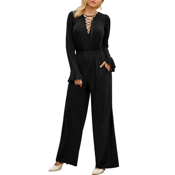 Doublju Womens Sexy Deep V Neck Long Sleeve Wrap Drawstring Waist Corset Lace Up Jumpsuit
