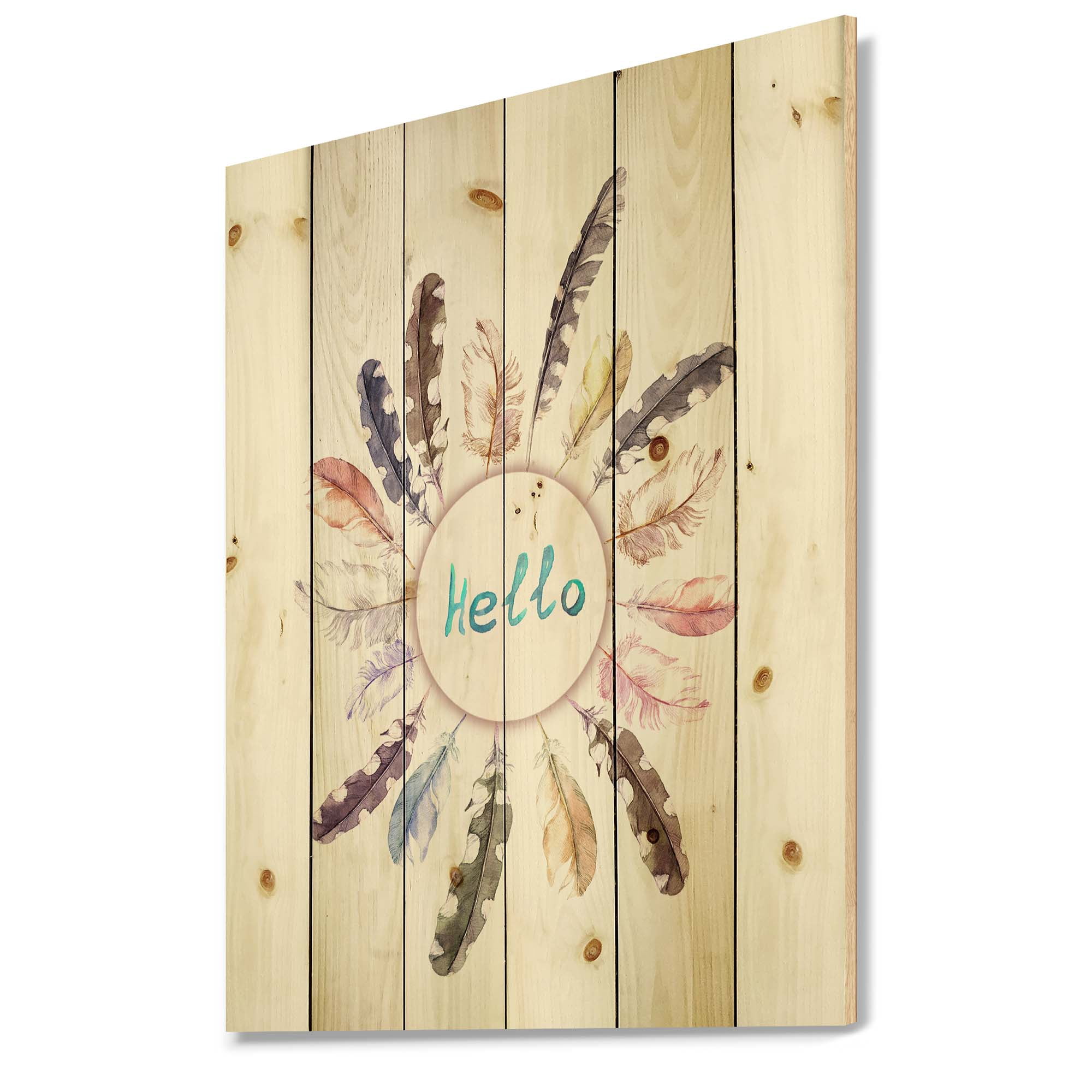 Designart 'Ancient Round Wreath With Birds Feathers' Bohemian & Eclectic Print on Natural Pine Wood
