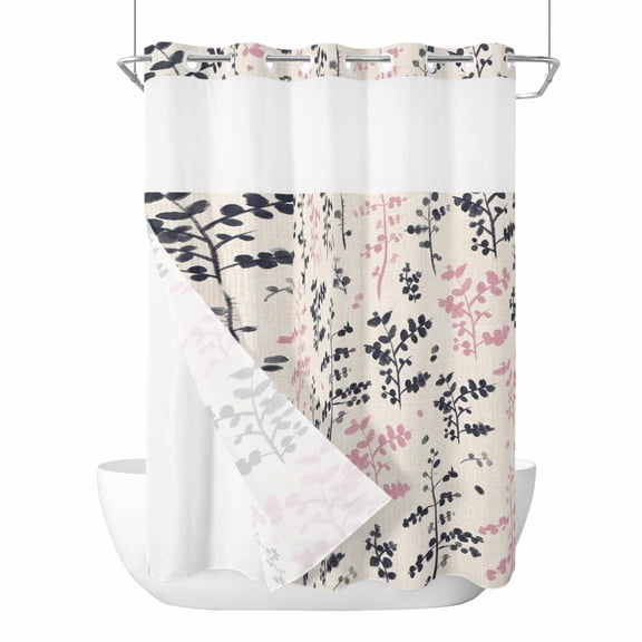 No Hook Grey Pink Botanical Shower Curtain with Snap in Liner Set, Rustic Country Spring Floral Summer Leaf Waterproof Bathroom Curtains with See Through Top Window, Hotel Style Long 72 x 84 Inch