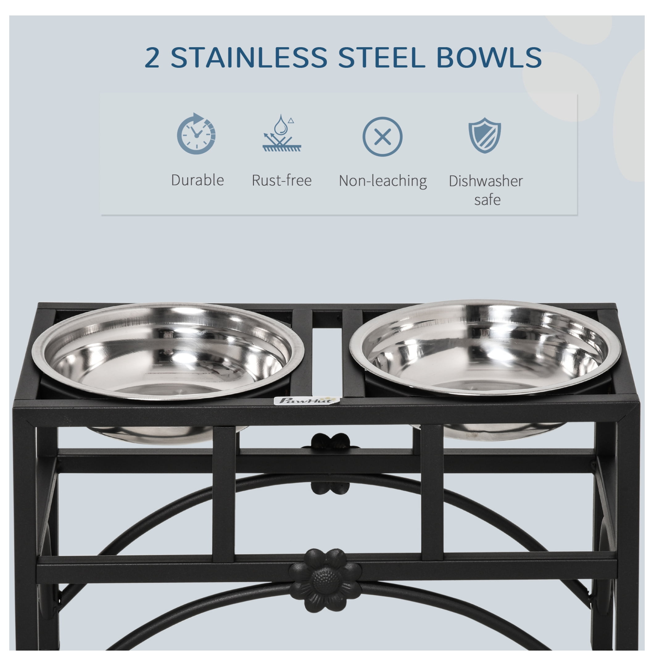 Double Dog Bowl Elevated Feeder - 17" Stainless Steel Pet Food Water Bowls - Heavy Duty Non-Slip Elevated Feeding Station for Dogs & Cats