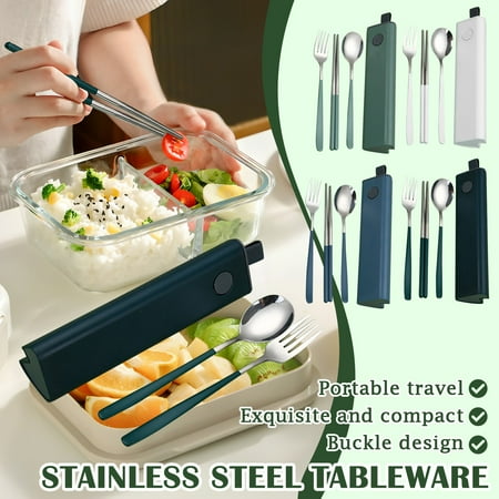 Cutlery Set of 3 Stainless Steel Chopsticks Fork Spoon Set with Travel Case Portable Tabeware Pack Set Dishwasher Utensils Set with Storage Box for Cooking Eating – White