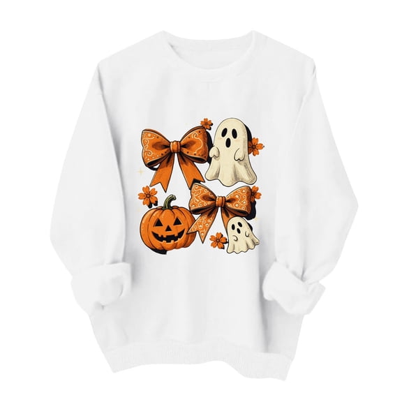 Mifsaly Womens Vintage Pumpkin Ghost Graphic Crewneck Sweatshirt Long Sleeve Fall Pullover Top Spooky Bow Print Casual Comfy Shirt for Autumn Season Halloween Party White,L