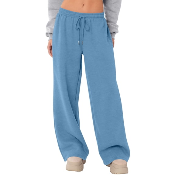 Women Fleece Lined Wide Leg Sweatpants Wide Leg Drawstring Elastic High Waisted Pants Loose Casual Lounge Travel Pants Light Blue 2XL