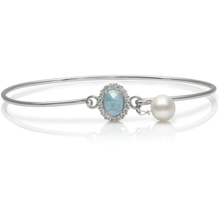 8mm x 6mm Faceted Milky Aquamarine and CZ Sterling Silver Bracelet with Cultured Freshwater Pearl, 7