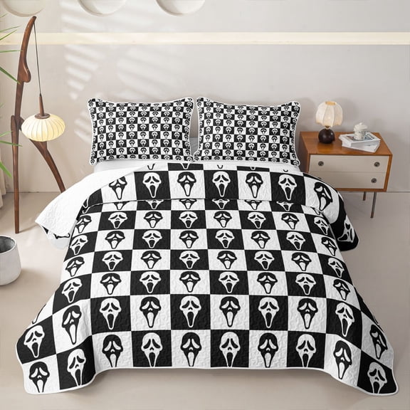 Homewish Ghost Face Checkered Twin Quilt Set, Halloween Spooky Grid Twin Coverlet Set, Black White, 2-Piece 1 Bedspread and 1 Pillowcase