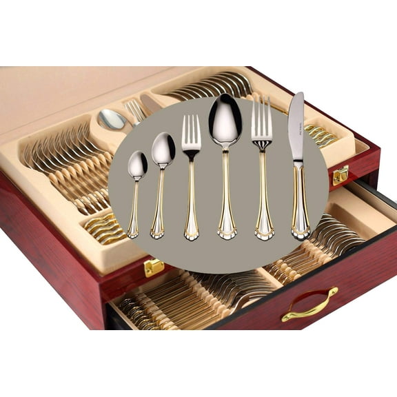 Venezia Collection Gold Flatware Serving Set for 12, 75-Pc Luxury Dining Silverware Cutlery Service, 24 Kt 18/10 Premium Surgical Stainless Steel Hostess Set in a Wooden Storage Case Chest