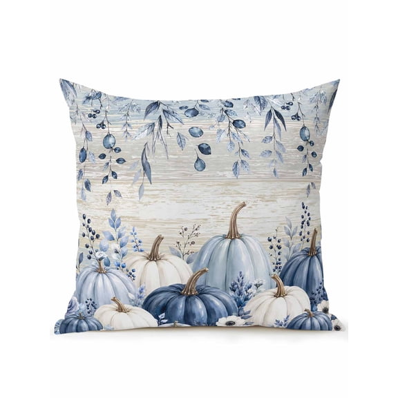 Outdoor Pillows Waterproof, Blue Grey Pumpkins Fall Bedding Throw Pillows with Insert for Couch Sofa Bed, Thanksgiving Floral Botanical Vintage 18x18 Inch Pillowcases Decorative Patio Pillow Set of 1