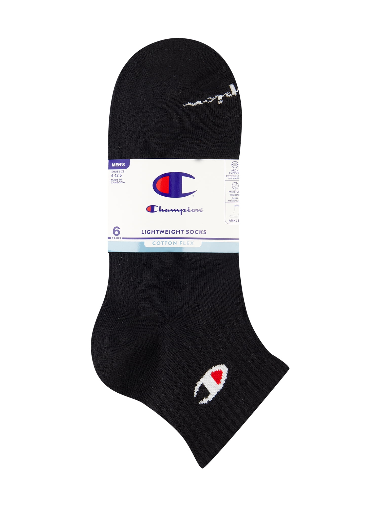 Champion Men’s Lightweight Ankle Socks 6 Pack, Moisture-Wicking, Arch Support, Stretch Comfort, Sizes 6–12.5