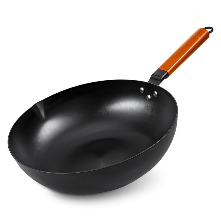 SKY LIGHT Natural Carbon Steel Wok Pan 12.5”, No Nonstick Coating Woks and  Stir Fry Pans, 100% No Chemical Traditional Chinese Iron Pot with Wooden