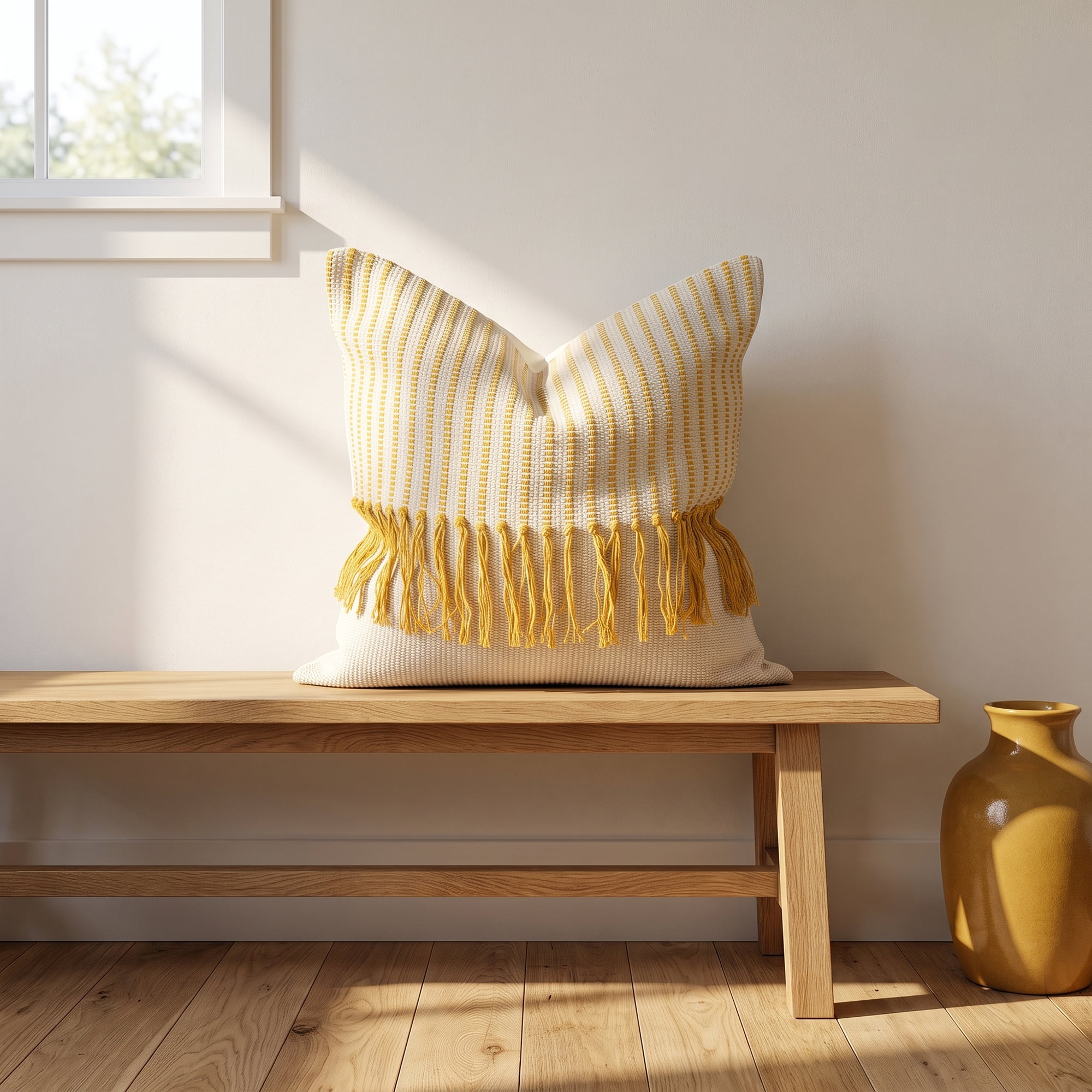 Unique Bargains Woven Striped Throw Pillow Cover Tassels Cushion Case Yellow 18" x 18"